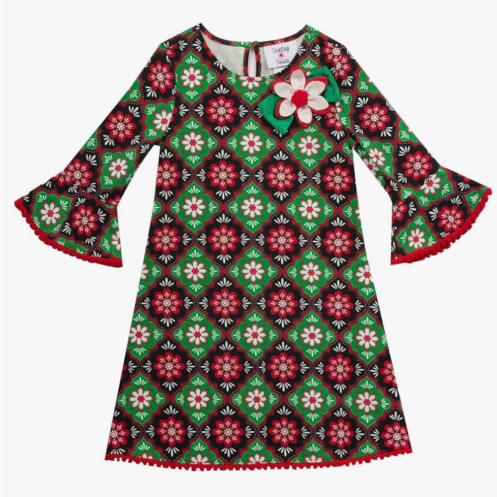 Counting Daisies Dress Girls 5 Red Green Black Holiday Bell‎ Sleeve Pom Pom